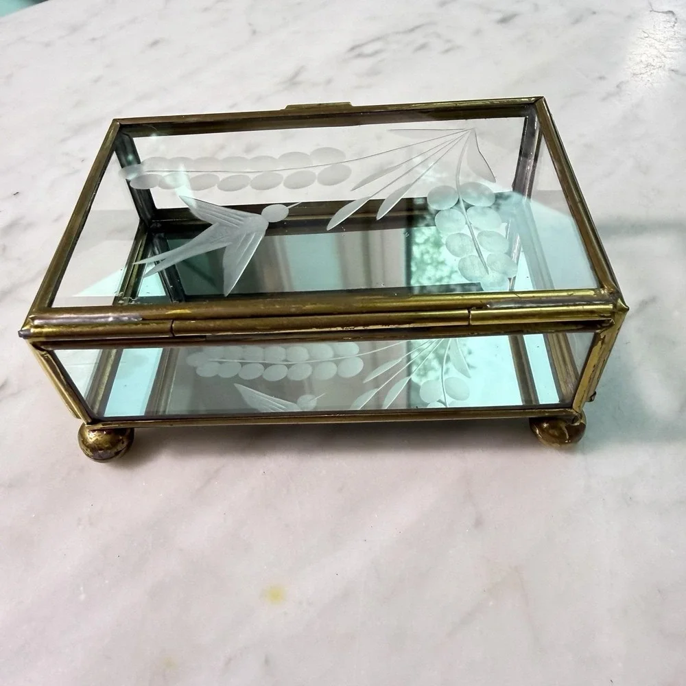 Vintage 80s Mexican Brass Etched Glass Swallow Trinket Box‎ Bird Vanity Mirror